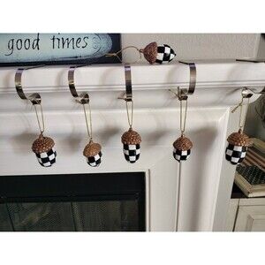 Christmas Set of 6 Resin Acorn Ornaments Black & White Checks Hand Painted by me
